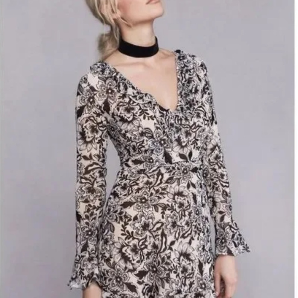 For Love & Lemons Gracie Black Floral Mini Dress Size Small Ruffle Bell Sleeves